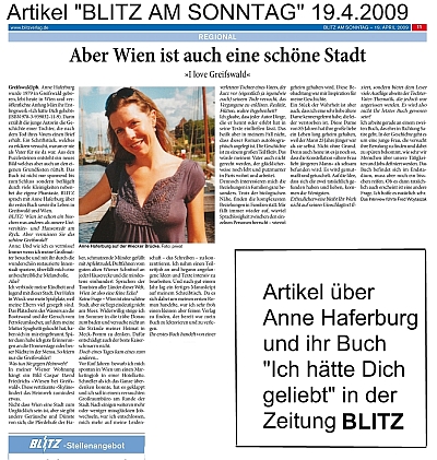 Artikel über Anne Haferbrug in BLITZ AM SONNTAG 19.4.2009 zu ICH HÄTTE DICH GELIEBT im KUUUK VERLAG mit 3 U