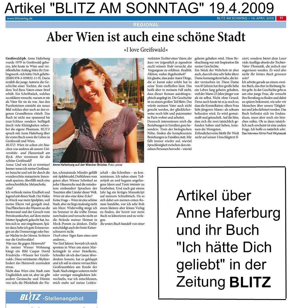 Artikel über Anne Haferburg und ICH HÄTTE DICH GELIEBT in BLITZ am Sonntag 19.4.209